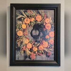 Vintage Rustic Autumn Wreath Gothic Farmhouse Door Framed Art Pumpkins